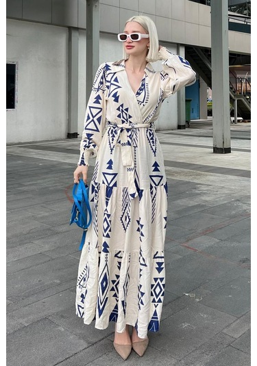 Madmext Beyaz Desenli Kruvaze Yaka Uzun Kadın Elbise Mg2052-beyaz
