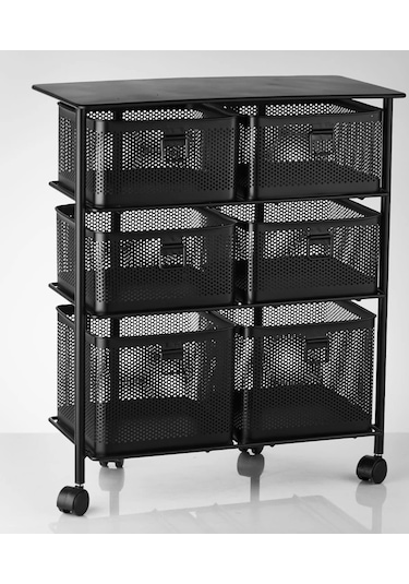 Metal Tekerlekli Paslanmaz Sebzelik 6 Bölmeli 3 Katlı Siyah Siyah