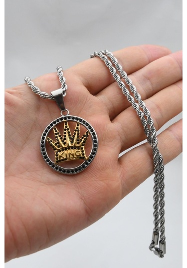 Kral Tacı Figürlü Kolye Paslanmaz Çelik Zincir 902297 Gümüş