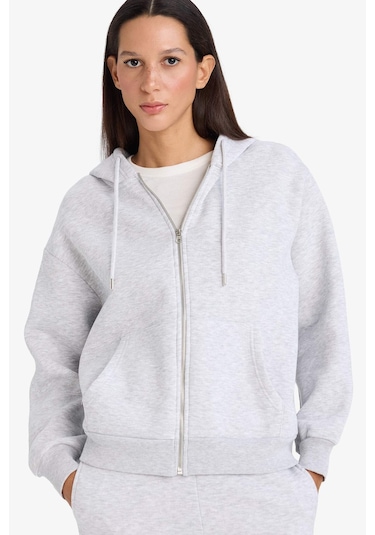 Defacto - Relax Fit Kapüşonlu Basıc Kalın Fermuarlı Sweatshirt C1809AX26SP Gri