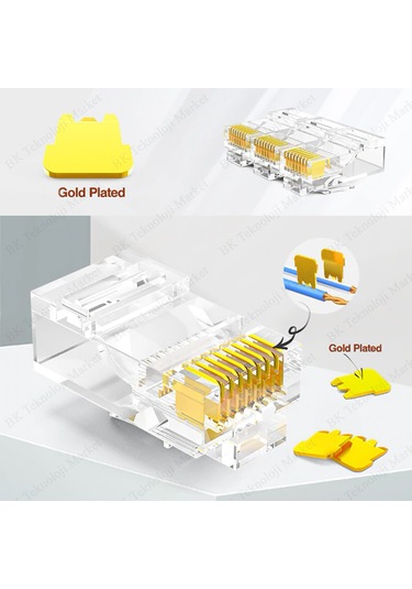 Rj45 Cat5 Cat6 Jack Konnektör Altın Kap. Ethernet Uç 8P8C 100 Ad.