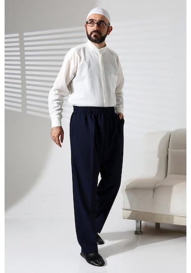 Erkek Beli Lastikli Cepli Hac Ve Umre Kışlık Yün Efektli Şalvar Pantolon - Lacivert İsr Lacivert