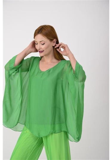 İtalyan Yarasa Kol İpek Bluz-8869 Yeşil