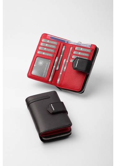Cengiz Pakel 65256M Kadın Orta Boy Cüzdan Siyah Kırmızı Siyah