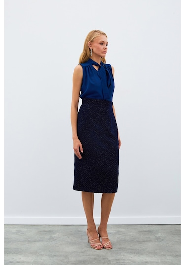Sateen Midi Boy Tüvit Etek - Lacivert-135027 Lacivert