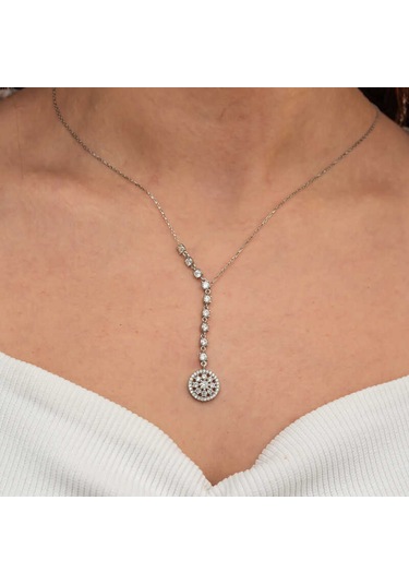 Gümüş Sıralı Zirkon Taşlı Çiçek Kadın Kolye Altın