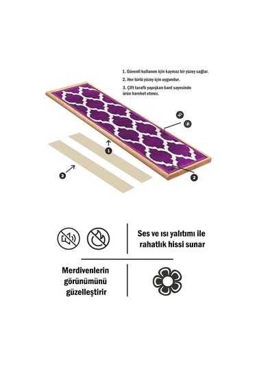 Dikdörtgen Dokuma Merdiven Halısı Kendinden Yapışkanlı Mor Beyaz