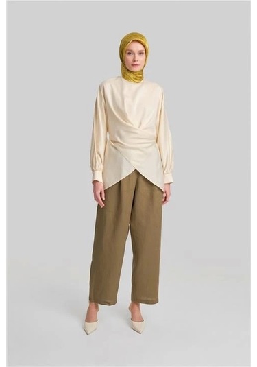 Armine Bol Keten Pantolon 24y2625 Zeytin Yeşil