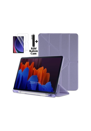 Lenovo Idea Tab Pro 12.7 Inç 2025 Tablet Kılıf Kalem Bölmeli Standlı Silikon Kapak + Ekran Koruyucu Cam Set