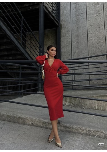 Tua Moda Kadın Kruvaze Yaka Balon Kol Simli Krep Kumaş Midi Boy Elbise Kırmızı