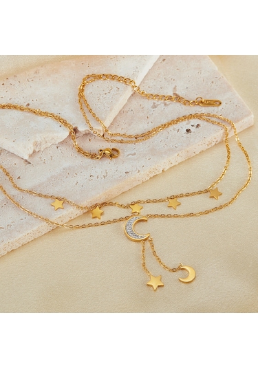 Sones Opk Gx2437 Paslanmaz Çelik Yıldız Ay Püskül Kolye Çift Katmanlı Yığılmış Köprücük Kemiği Zinciri Altın