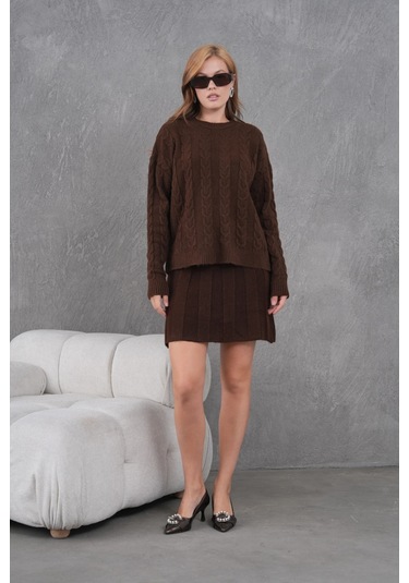 Kadın Bisiklet Yaka Saç Örgü Kazak Etek İkili Triko Takım Kahve
