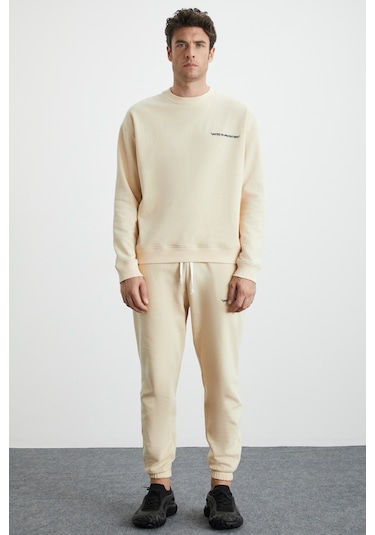 Raırok Erkek Içi Polarlı Comfort Oversize Nakışlı Vanilya Sweatshirt