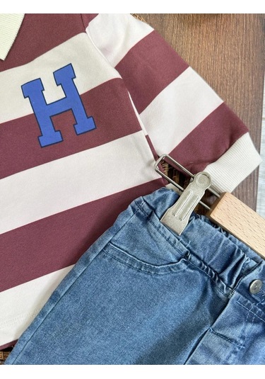 Şerit Çizgili Detaylı Likralı Polo Yaka Erkek Bebek Takım Bordo