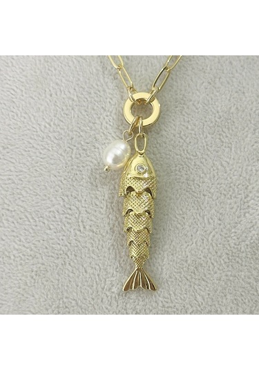 İncili Hareketli Balık Kolye Gold Gold