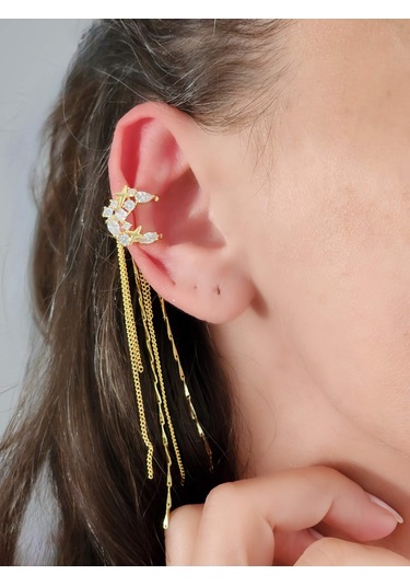 Yıldız Zirkon Taşlı Model Kıkırdak Sağ Kulak Gold Renk Küpe Gold