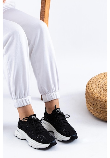 Guja İthal Özel Seri Taşlı Triko Kadın Spor Ayakkabı 24y309-1 Siyah-siyah Siyah