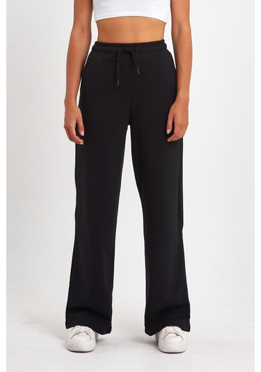 MMetalic Kadın Mevsimlik Salaş Geniş Rahat Paça Yan Cepli Siyah Eşofman Altı Siyah 001