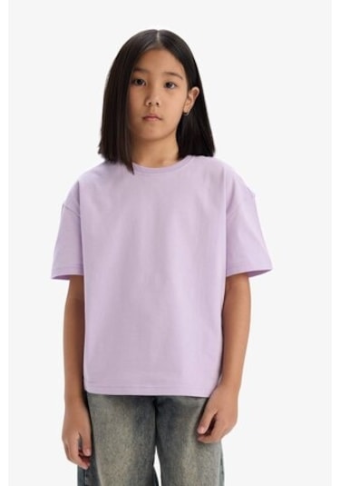 DeFacto Kız Çocuk Relax Fit Bisiklet Yaka Basic Düz Kısa Kollu Tişört D9099A825SMPR143 Mor