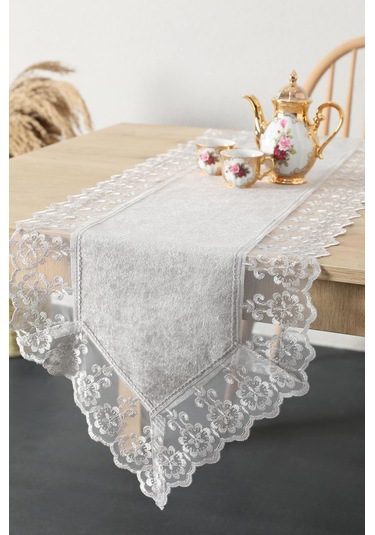 Favora Fatih Güpürlü Kadife Runner Gri