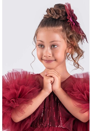 Kız Çocuk Abiye Elbise Ponpon Kol Pul Payetli Tütülü Bordo