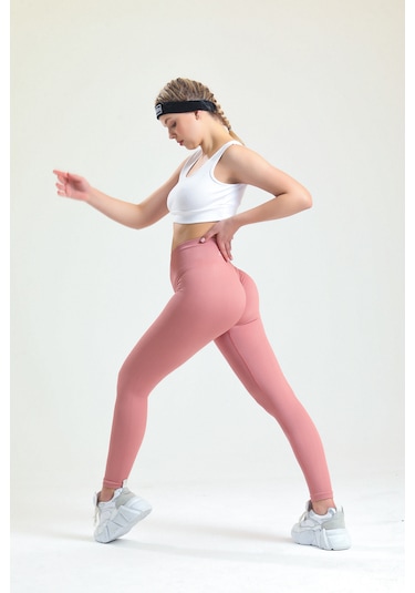 Gymhams Pudra Kalçası Büzgülü Premium Fitilli Ekstra Push Up Yüksek Bel Esnek Spor Tayt Pembe