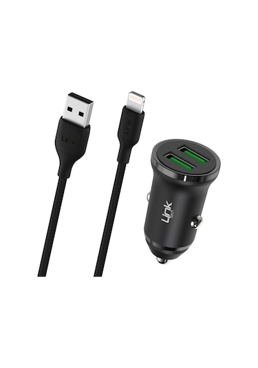 Linktech C482e 12w 2x Usb + Lightning Usb Kablo Araç İçi Şarj Aleti Set Siyah