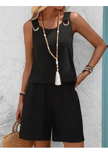 Sensuelle Kadın Askılı Yuvarlak Yaka Kuş Gözü Detaylı Bürümcük Bluz Ve Short Ikili Takım Siyah