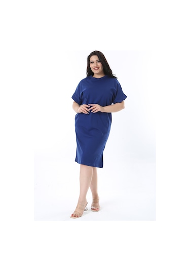 Kadın Büyük Beden Saks Yan Yırtmaçlı Düşük Kollu Elbise 65n38238-saks Saks Mavi
