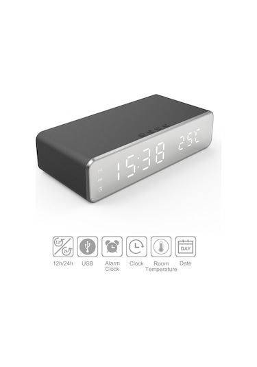 Gajeena Siyah Masaüstü Zamanlayıcı: 5w Kablosuz Şarj, Sicaklık Ölçer Ve Led Sayı Gösterimi - Cr2023 Düğme Pil Dahil Siyah