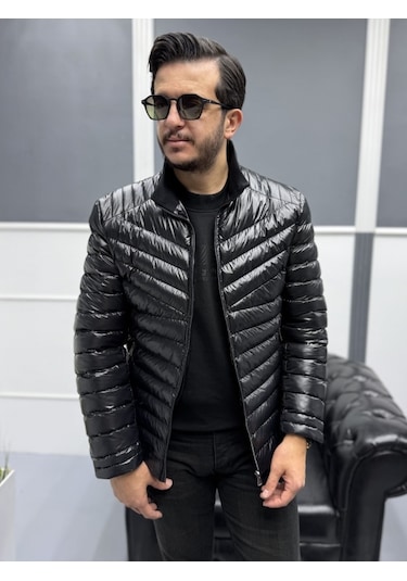 Avni Ceylan Erkek Parlak Şık Slim Fit Kışlık Şişme Mont Siyah