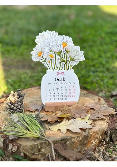 2026 Ahşap Ayaklı Çiçekli Mini Özel Tasarım, Masaüstü Takvim, Papatyalı Çiçek Buketi - Yeni Yıl