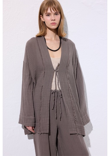 Müslin Geniş Kollu Kimono Gri Gri