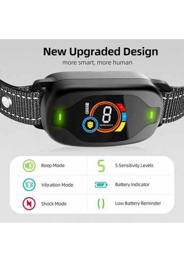 Teltree Köpek Havlama Engelleme Cihazı: Renkli Ekran, Ip67 Su Geçirmez, 3 Mod Ses-titreşim-şok , Akıllı Tanı, Şarjlı, Hassasiyet Ayarı - Siyah