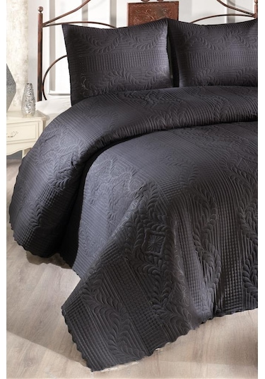 Ultrasonik Kapitoneli Sena Çift Kişilik Yatak Örtüsü Siyah Siyah