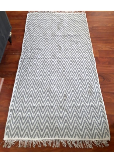 Pamuklu Cotton Kilim Çift Taraflı Yıkanabilir Dekoratif 80x150 - Gri V1 Siyah - Beyaz