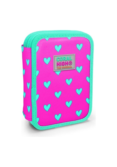 Coral High Kids Neon Pembe Su Yeşili Kalp Desenli Çift Katlı Kalem Çanta 11133 Pembe