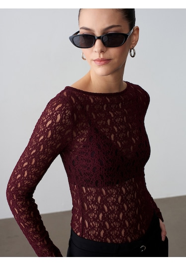 Dilvin 32763 Kayık Yaka Dantel Top-bordo