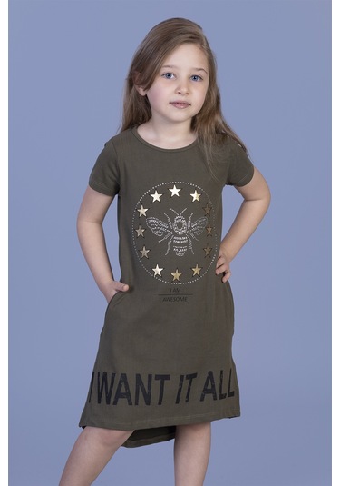 Toontoy Kız Çocuk I Want It All Baskılı Elbise Haki