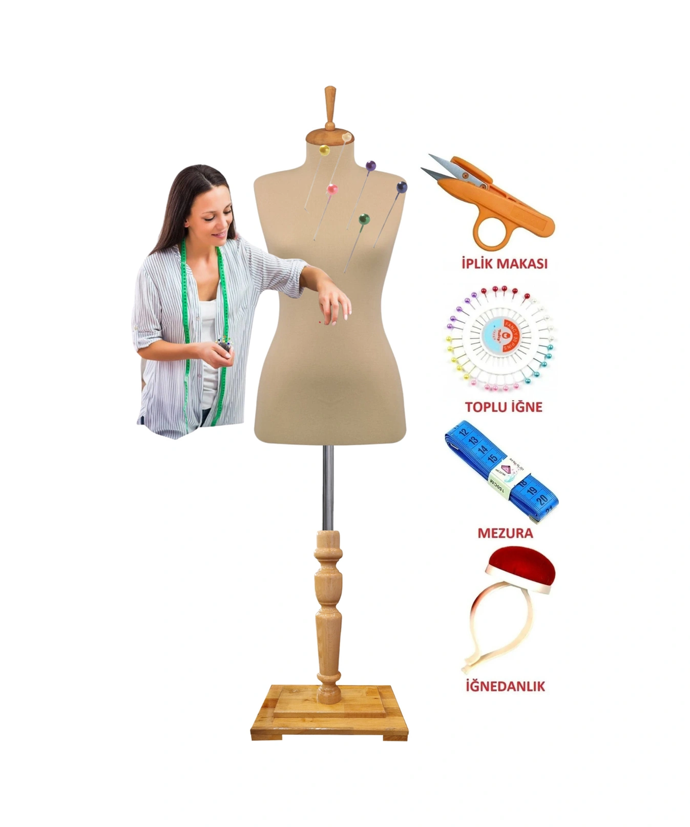 Dikiş Setli Özel Cilalı Mobilya Ayaklı 44 Beden Dikine Ve Yatay İğne Batabilen Terzi Mankeni