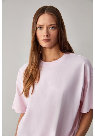 LAGERTHA Kadın %100 organik Pamuklu Kalın Dokulu Oversize Fit Yuvarlak Yakalı Açık Pembe T-Shirt