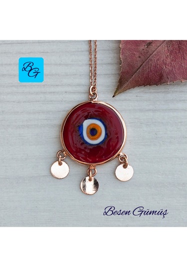 Üç Pullu Rose Yuvarlak Kırmızı Göz Kolye Rose - Gold -  Gümüş