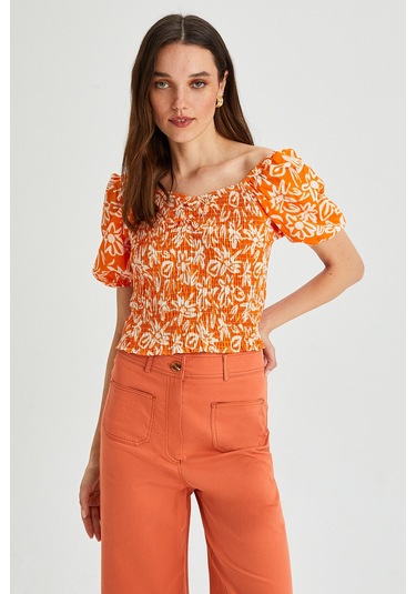 Kadın Çiçek Desenli Gipe Detay Balon Kol Crop Bluz Oranj