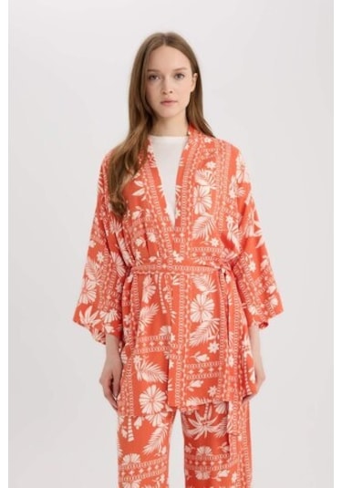 DeFacto 	Relax Fit Desenli Kuşaklı Kimono D5443AX25SPOG269 Turuncu