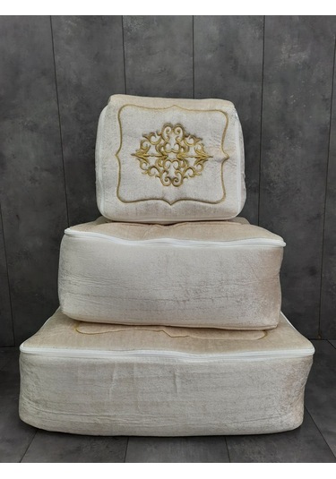 Rumeli Vizon Üzeri Goldnakışlı Çeyizlik 3'lü Hurç Seti, Düğün Nişan, Söz, Bohça, Gelin, Damat, Hurcu Krem