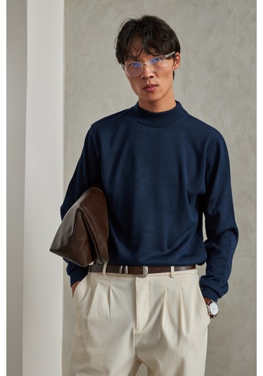 Erkek Yarım Balıkçı Oversize Basıc Triko Kazak Lacivert