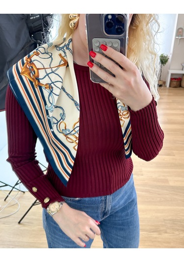 Modaonna Altın Düğme Detaylı Bordo Triko Bluz Bordo