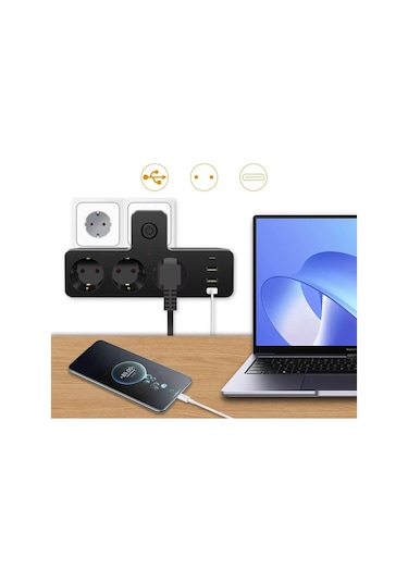 3'lü Termal Akım Korumalı Priz 3xusb 1xtype-c 20w Pd Giriş 2 M