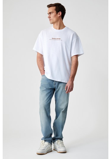 BOLETUS Erkek Baskı Detaylı %100 Organik Pamuk Oversize Bisiklet Yaka Kısa Kol Beyaz T-Shirt