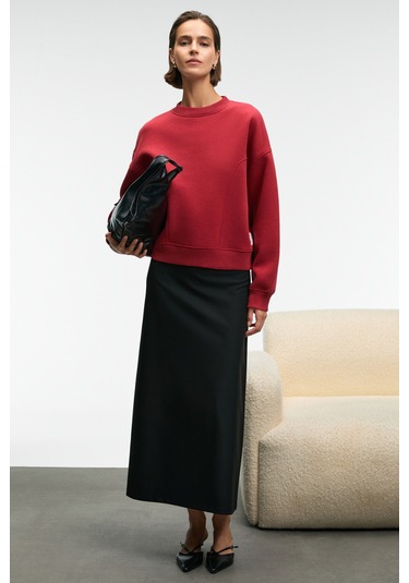 Grımelange Serenya Kadın Pamuklu Etiket Detaylı Bisiklet Yaka Kırmızı Sweatshirt Kırmızı